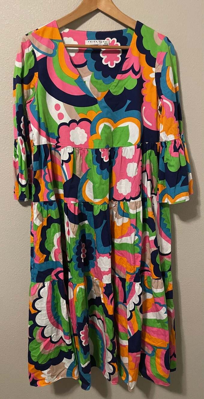 Trina Turk Flower Dress Womens Medium Multicolor Floral Tiered Organic Cotton